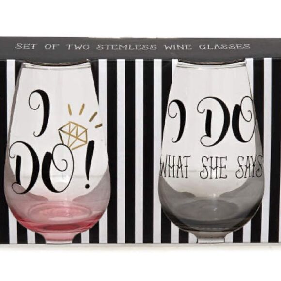 "I Do" & "I Do What She Says" 2-Piece Stemless Wine Glass Set - Picture 1 of 4